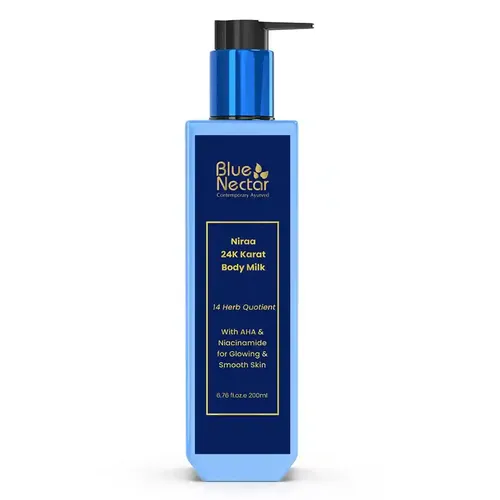 BLUE NECTAR 24K Carat Gold Body Milk for Women & Men | Body Lotion with Plant Based AHA & Niacinamide | Moisturizer for Body | All Skin Types (14 Herbs, 200ml)