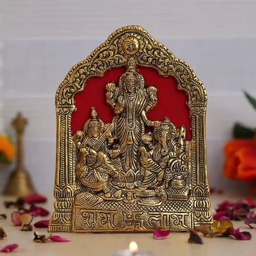 WEBELKART Premium Metal Laxmi Ganesha Saraswati Idol Statue Murti for Home and Pooja Decor| Lakhsmi Ganesha Idol Diwali Decorations and Pooja Room| Diwali Gifting Items | Diwali puja (8 Inches, Gold