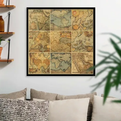 ArtzFolio Antique Maps | Premium Canvas Painting for Bedroom & Living Room | Black Wood Frame | 28 x 28 inch (71 x 71 cms)