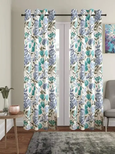 TRANCE HOME LINEN Floral Printed 7 Feet Door and Window Curtain | 100% Cotton 60-65% Room Darkening Curtains | Parda for Living Room Bedroom Office | (Huvu Blue - Set 2, 7ft Door Curtains)
