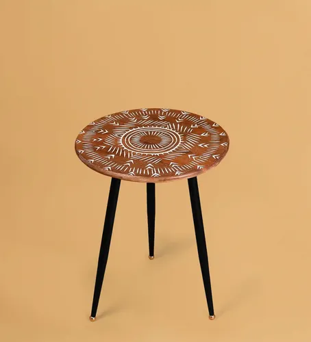 CASA DECOR Tribal Tapestry Carved Accent Table End Table Side Table Coffee Round Table for Living Room