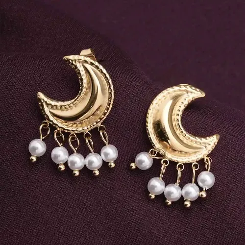 Palmonas Pearl And Moon Stud Earrings For Womens - Waterproof & Anti-Tarnish