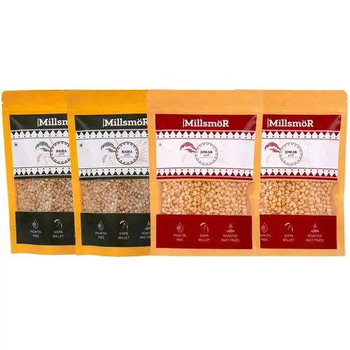 Millsmor Bajra & Jowar Puff Combo – Pack of 4 (100g x 4) | 2x Bajra Puff + 2x Jowar Puff | Roasted & Ready-to-Eat Millet Snacks | High Fiber & Protein | Gluten-Free, Vegan & Cholesterol-Free