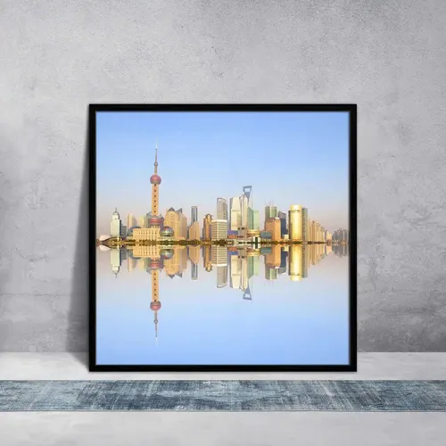 ArtzFolio 2012 Shanghai City Skyline At Dusk | Premium Canvas Painting for Bedroom & Living Room | Black Wood Frame | 16 x 16 inch (41 x 41 cms)