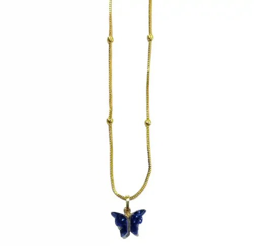 Glittery Blue Butterfly Pendant with Chain