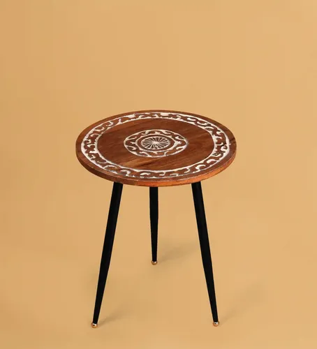 CASA DECOR Whitewash Whisper Carved Accent Table End Table Side Table Coffee Round Table for Living Room