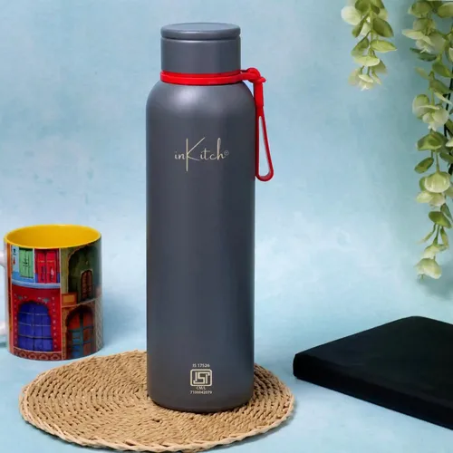 InKitch Stainless Steel 24-Hour Hot & Cold ISI Certified Leak-Proof Water Bottle 900 Ml | Eco friendly | BPA Free | Water Bottle for Office, Gym, School, Yoga, Trekking, Men, Women (Grey)