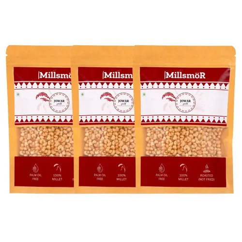 Millsmor Jowar Puff 50 grams (Pack of 3) | Roasted & Seasoned | Ready-to-Eat Millet Snack | 100% Jowar (Sorghum) | High Fiber & Protein | Gluten-Free, Cholesterol-Free & Vegan
