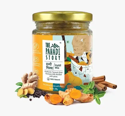 The Pahadi Story Haldi Mix Turmeric Latte हल्दी मिक्स (100 gms) Ayurvedic Immunity Booster for Men, Women and Kids, 100% Natural Authentic Himalayan Blended with Spices and Herbs for Common Cold Golden Milk Powder