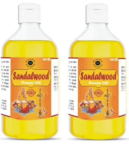 Sandalwood Chandan Pooja Oil 950 ML Pack of 2 for Hindu God Pooja, Hindu Ritual Ceremony Lamp Diya Pooja Oil