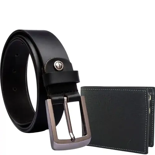 GIL Pure Leather Belt Wallet Combo|Gift For Men|Autolock Buckle|Blck Color|Cardholder|Purse|Belt for Jeans (Pack Of 2) (32)