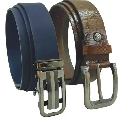 GIL Pure Leather Belt Combo For Men|Gift For Men|Autolock Buckle|Casual Belt|Genuine Leather Blue and Brown Color|Pack Of 2 (32)