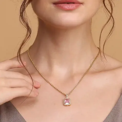 Palmonas 18K Gold Plated Pink Emerald Geometric Pendant With Chain For Womens Waterproof & Anti-Tarnish