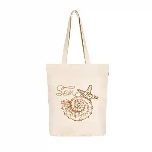 Ecoright Canvas Tote Bags for Women with Zip, College Bag for Girls, 100% Organic Cotton Tote Bag for Shopping, Travel & beach bags for women -  Sea Shell - Off White