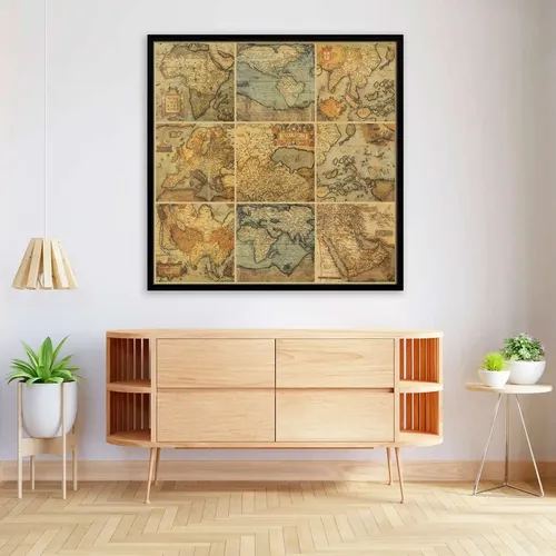 ArtzFolio Antique Maps | Premium Canvas Painting for Bedroom & Living Room | Black Wood Frame | 20 x 20 inch (51 x 51 cms)