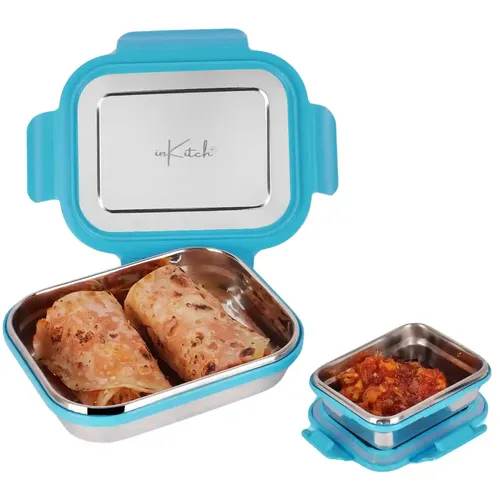 InKitch Leak-Proof Lunch Box 540ml with Mini Container 90ml | Airtight Tiffin Box | Stainless Steel Tiffin Box for Kids, Adults, Office, School, and Picnic | 630ml Capacity (Blue)