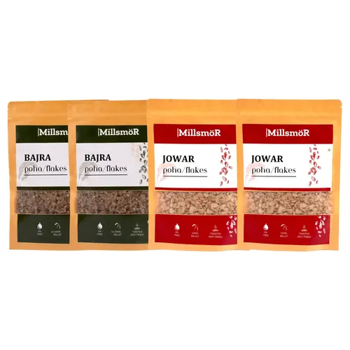 Millsmor Millet Poha Flakes Combo – Pack of 4 (100g x 4) | 2x Jowar Poha + 2x Bajra Poha | Ready-to-Cook Gluten-Free Breakfast | Toasted Millet Flakes | High-Fiber, Plant-Based, Diabetic-Friendly & No Additives
