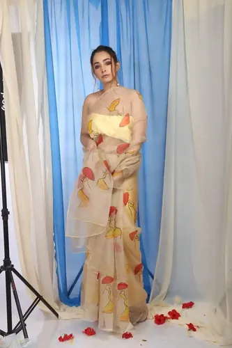 Pure Organza Hand-Painted Beige Color Saree