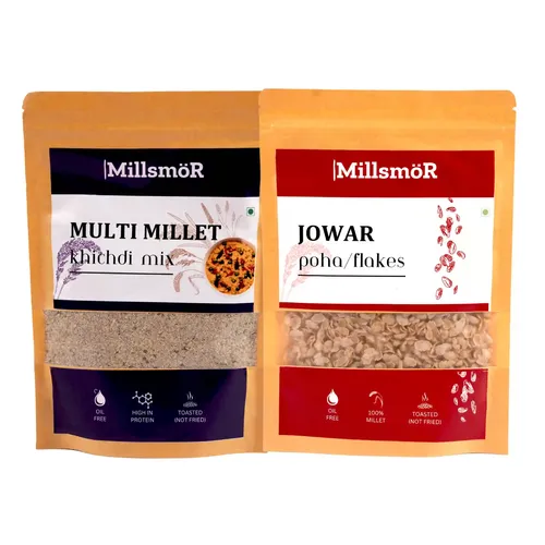 Millsmor Millet Mix Khichdi (500g) + Jowar Poha Flakes Pack of 1 (100g x 1) | Wholesome Millet Combo | Ready-to-Cook, High-Fiber, Diabetic-Friendly | Gluten-Free, Vegan & No Additives