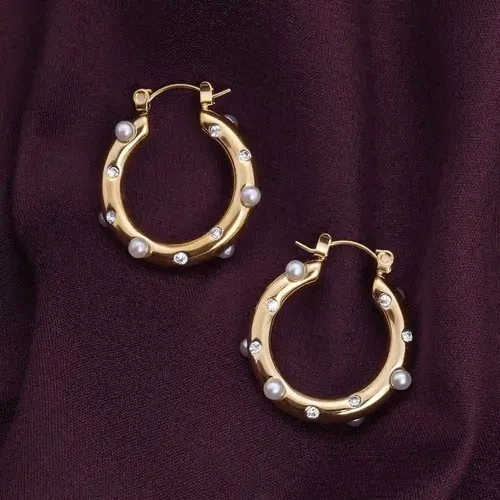Palmonas 18K Gold Plated Diamond Pearl Studded Hoop Earrings For Womens Waterproof & Anti-Tarnish