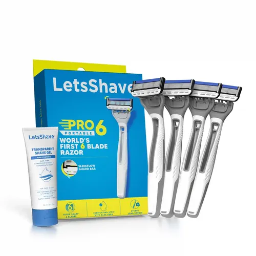 LetsShave Pro 6 Portable Razor for Men, Pack of 4 Razor + 1 Transparent Shave Gel 15ml, World's First 6 Blade Razor Set, Disposable Razor for Men