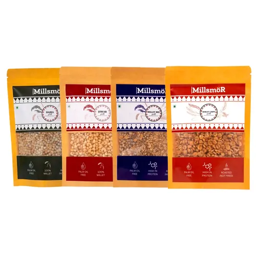 Millsmor Millet Snacks Combo – Pack of 4 (50g x 4) | Bajra Puff, Jowar Puff, Wheat Chips Puff & Millet Mix Puff | Roasted & Ready-to-Eat | High Fiber & Protein | Gluten-Free, Diabetic-Friendly, Vegan