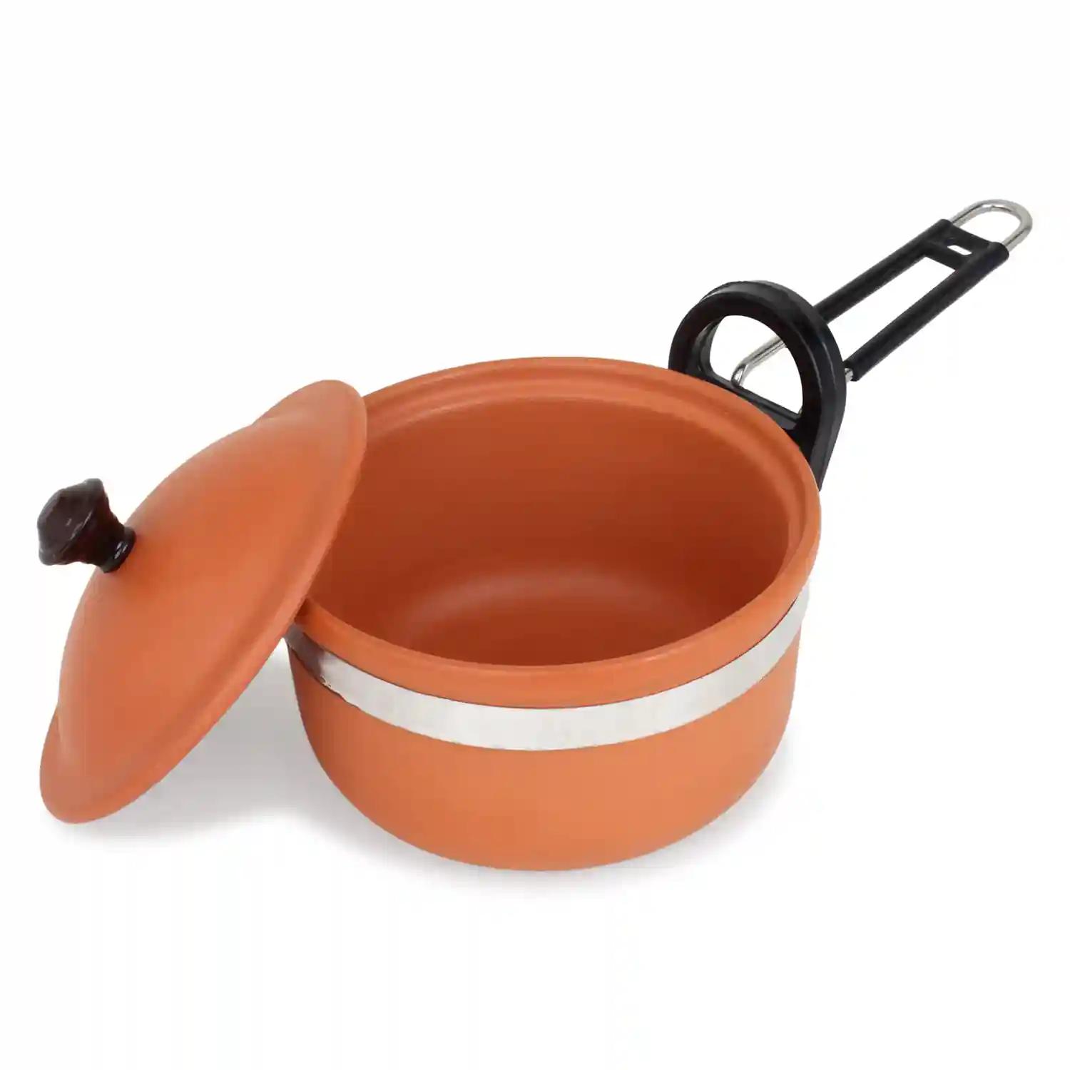 KSI Handmade Terracotta Clay Frying Pan (1.5 litres) with Lid, Eco Friendly Earthen Clay Frying Pan for Cooking and Wooden Palta Spatula