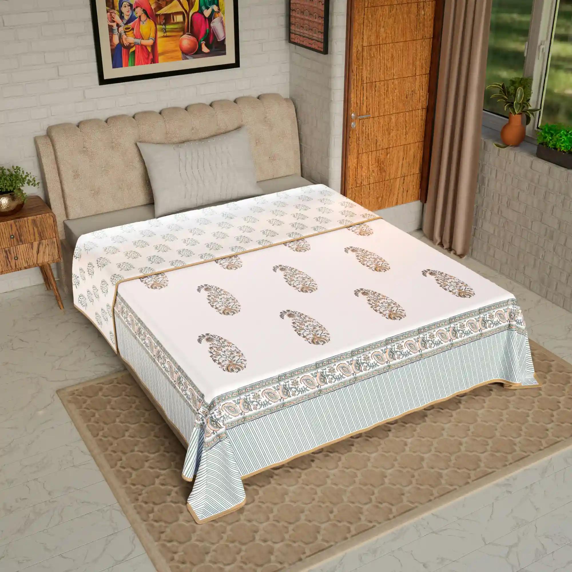 Jaipur Dohar Hand Block Printed Single Bed Cotton Dohar - Mustard Green Paisley