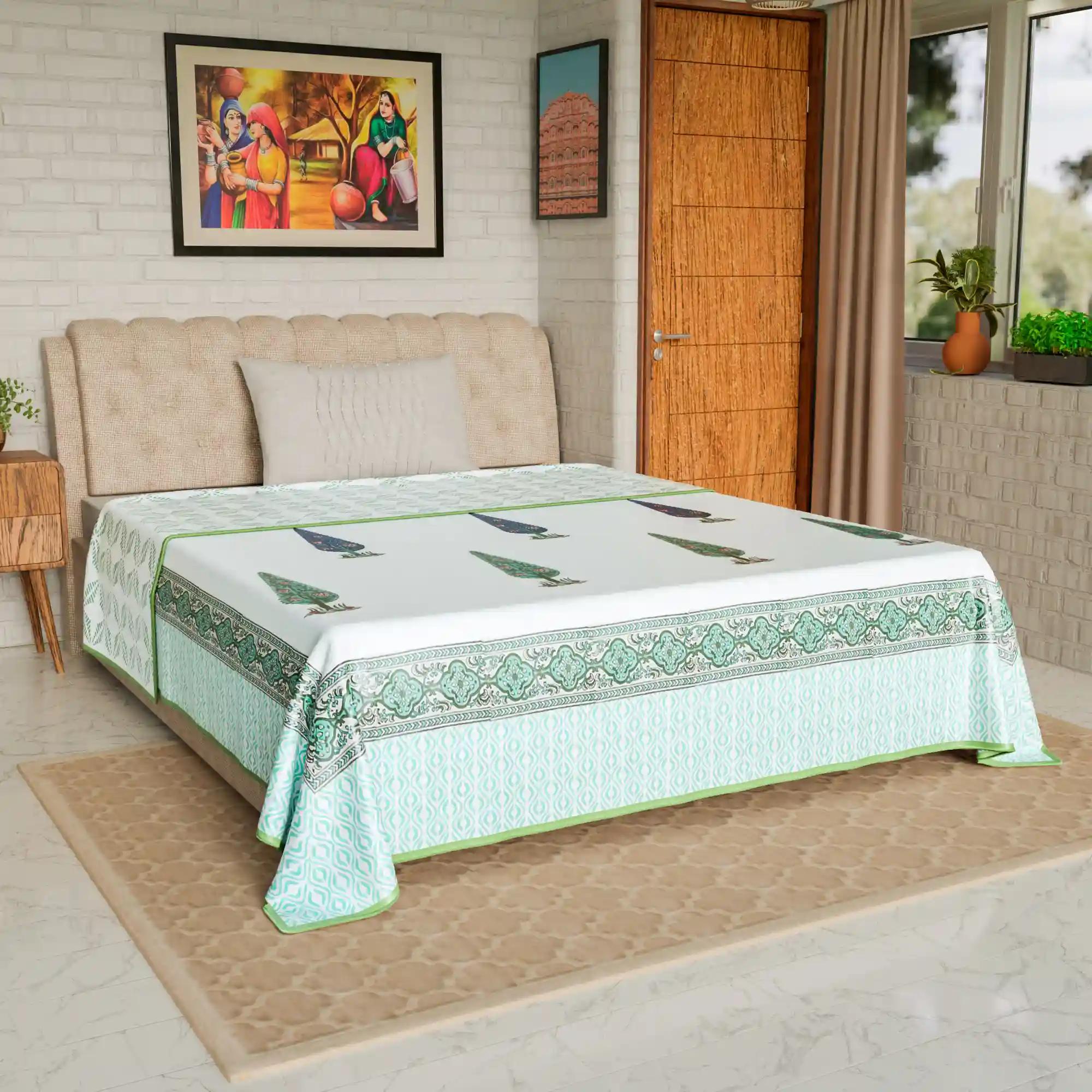 Jaipur Dohar Hand Block Printed Single Bed Cotton Dohar - Blue Green Palm