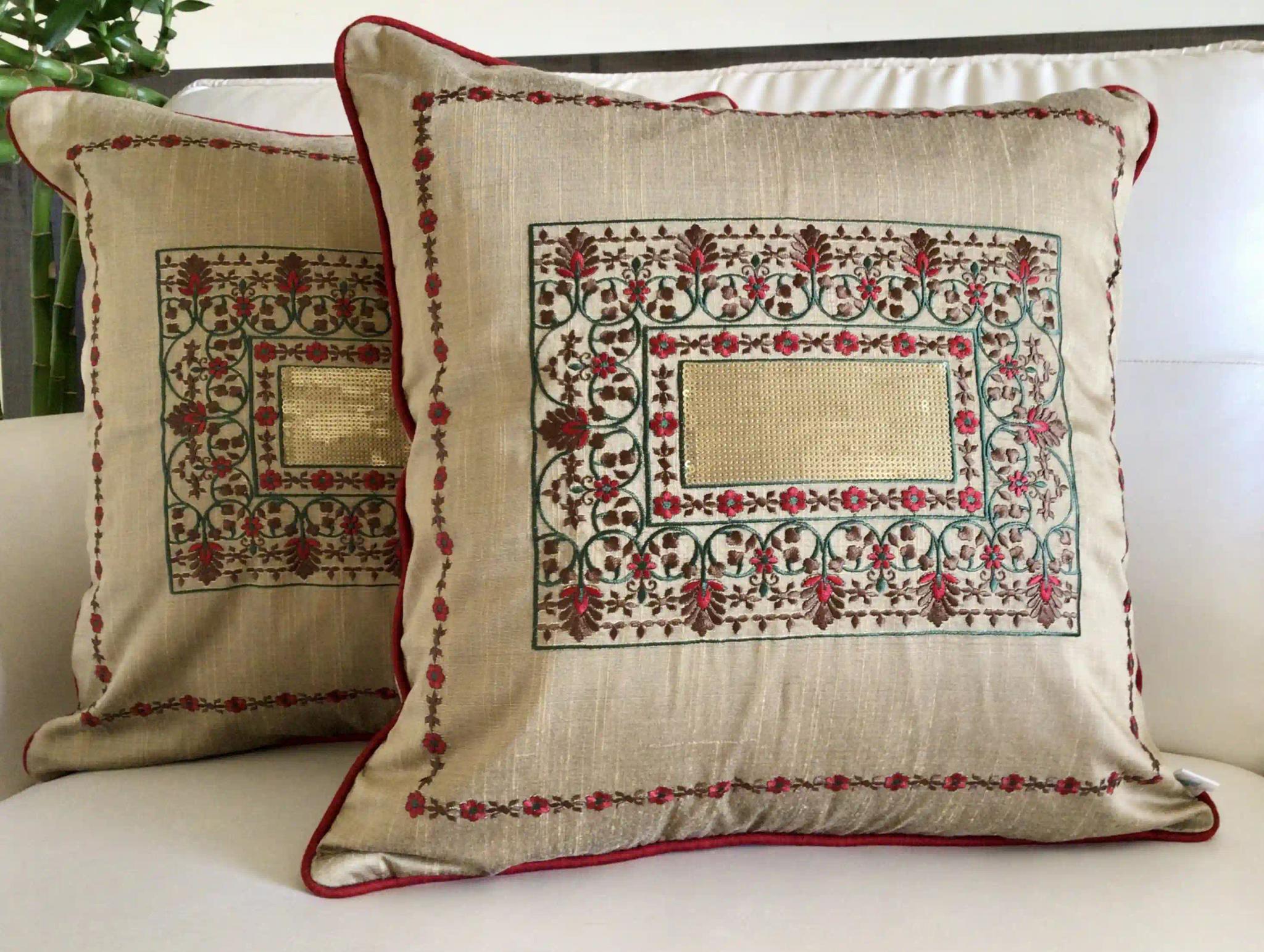 Magic Mirror- Embroidered Cotton Silk Cushion Cover- Dusky Gold- Set of 2