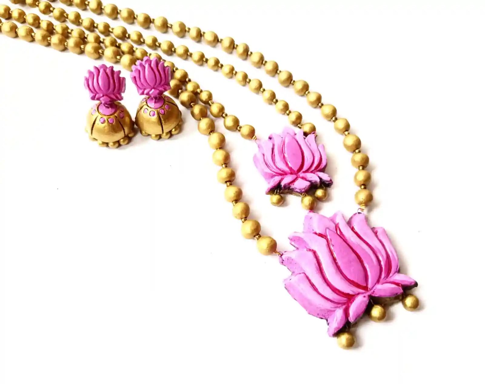 Lotus Design Terracotta Necklace with Matching Earring-Gold Pink