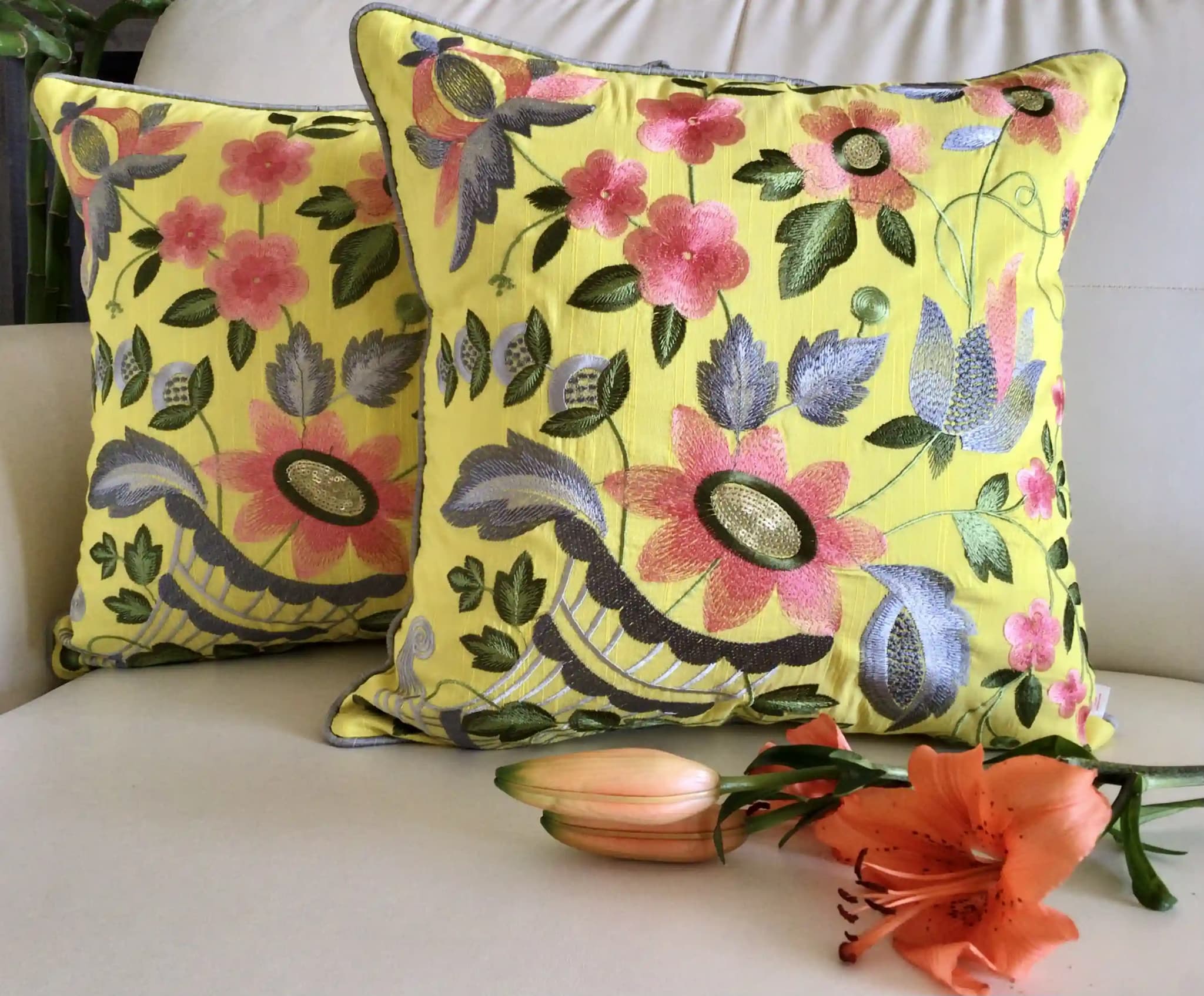 Floral Ecstasy- Embroidered Cotton Silk Cushion Cover- Limoncello Yellow- Set of 2