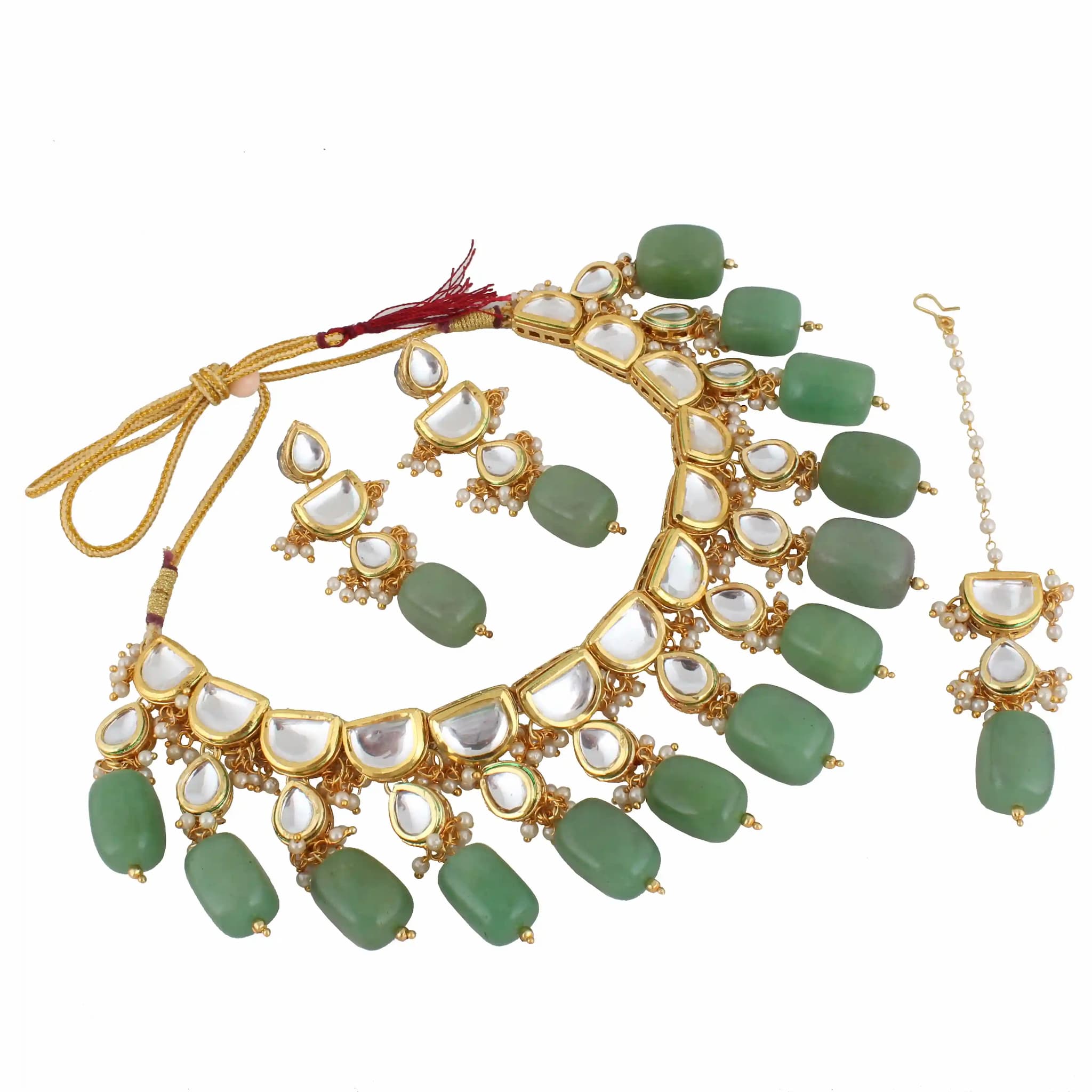 Gold Plated(18k) D-Shape Design Kundan Choker Necklace Set With Maang Tika - Green