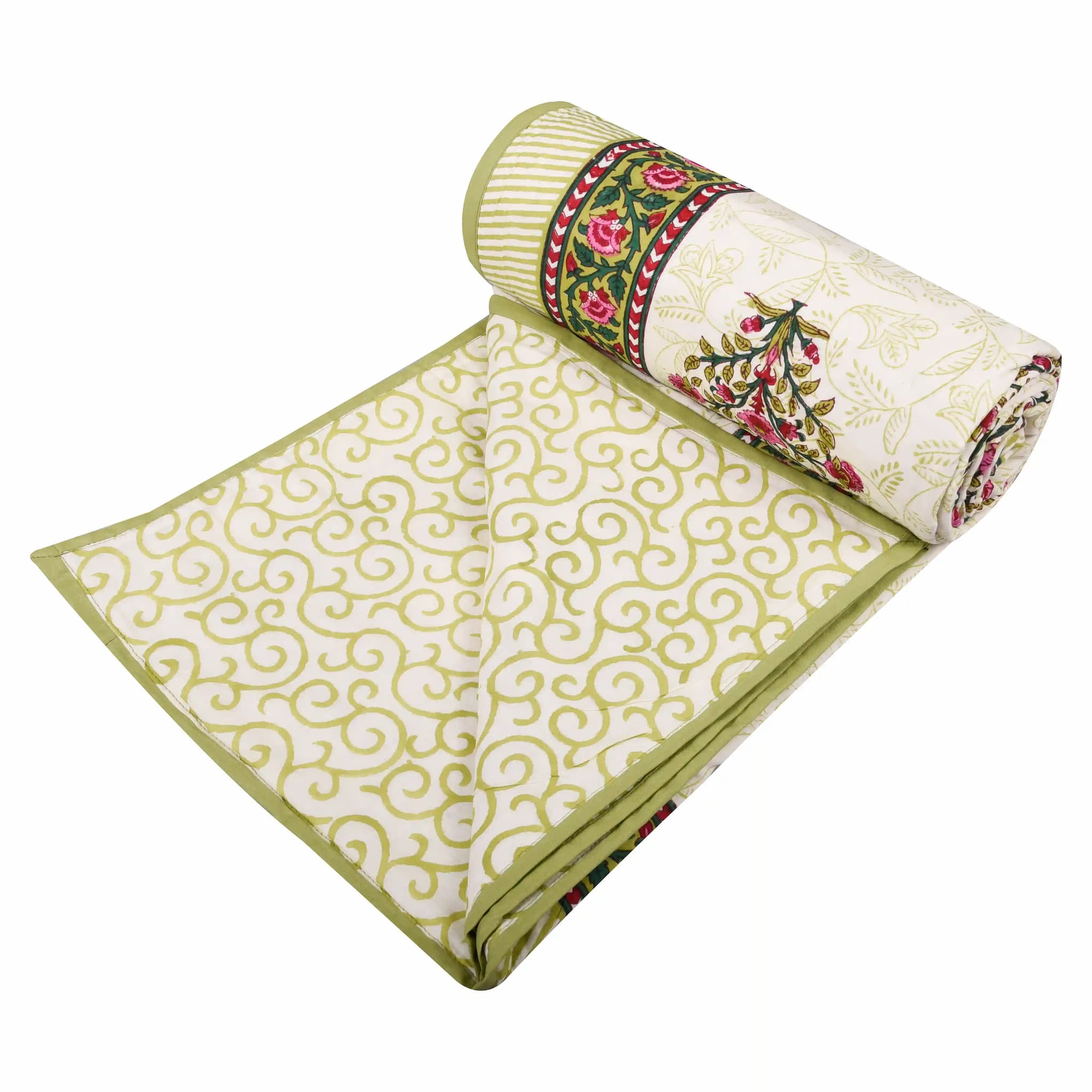 Jaipur Dohar Hand Block Printed Single Bed Cotton Dohar - Mustard Pink Bouquet