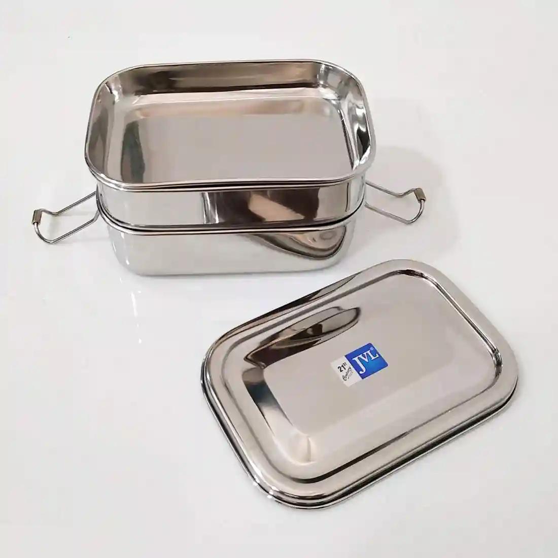 Jvl Stainless Steel Rectangular Shape Double Layer Lunch Box With Inner Plate & Small Triangle Shape Lunch Box With Mini Container Not Leak Proof - Pack Of 2