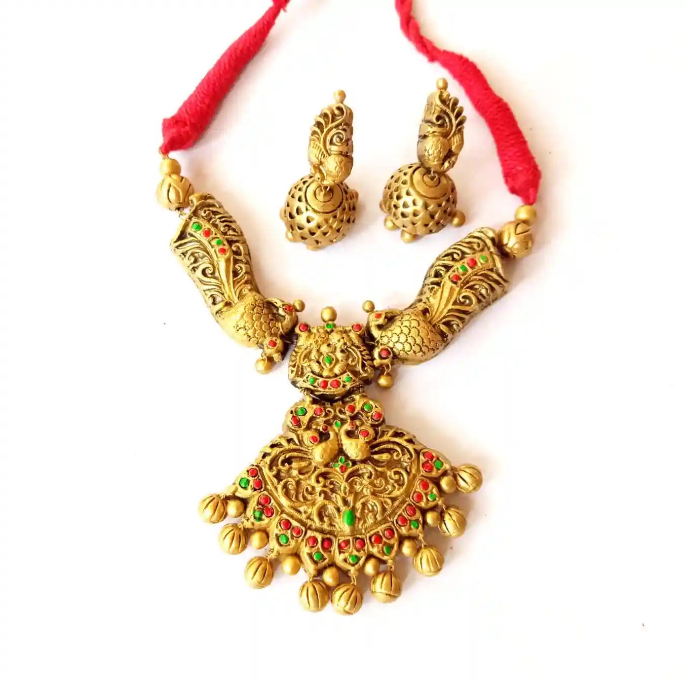 Peacock Design Terracotta Necklace with Matching Earring