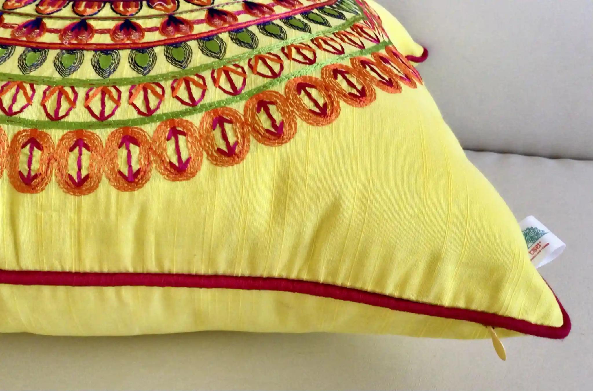 Colors of India- Embroidered Cotton Silk Cushion Cover- Limoncello Yellow- Set of 2