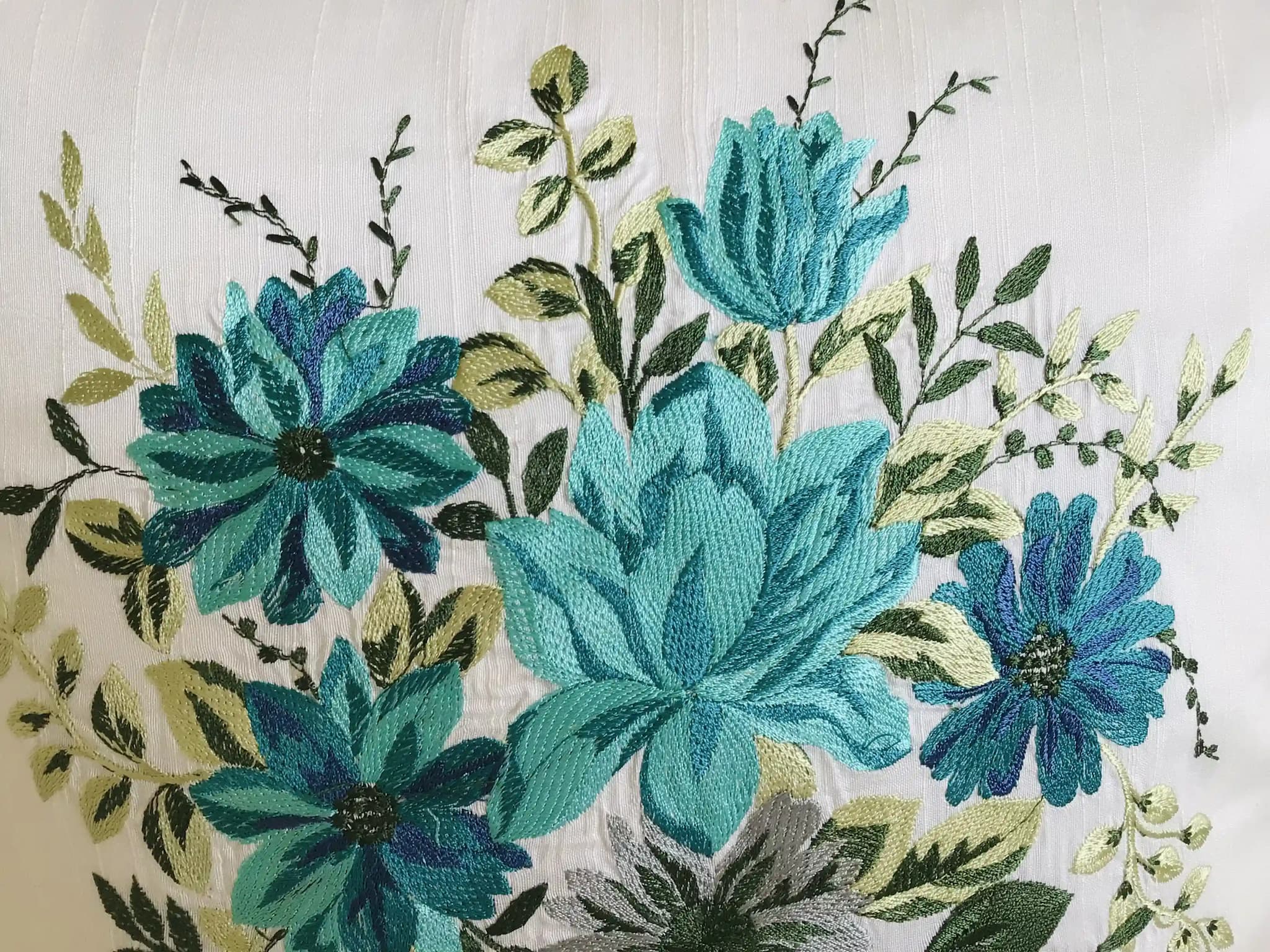 My Fairy Lady- Embroidered Cotton Silk Cushion Covers- Set of 2- Aqua Blue