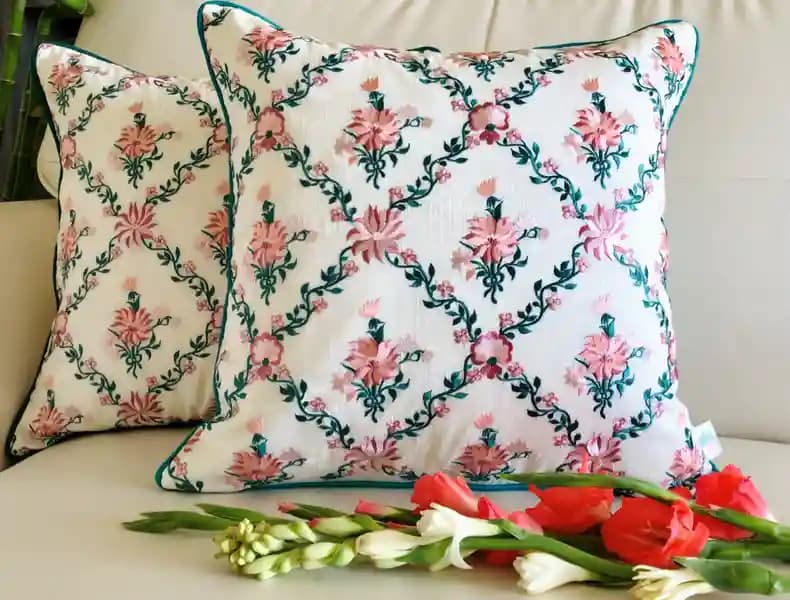 Paradise- Embroidered Cotton Silk Cushion Cover- Teal Blue & Off- White- Set of 2