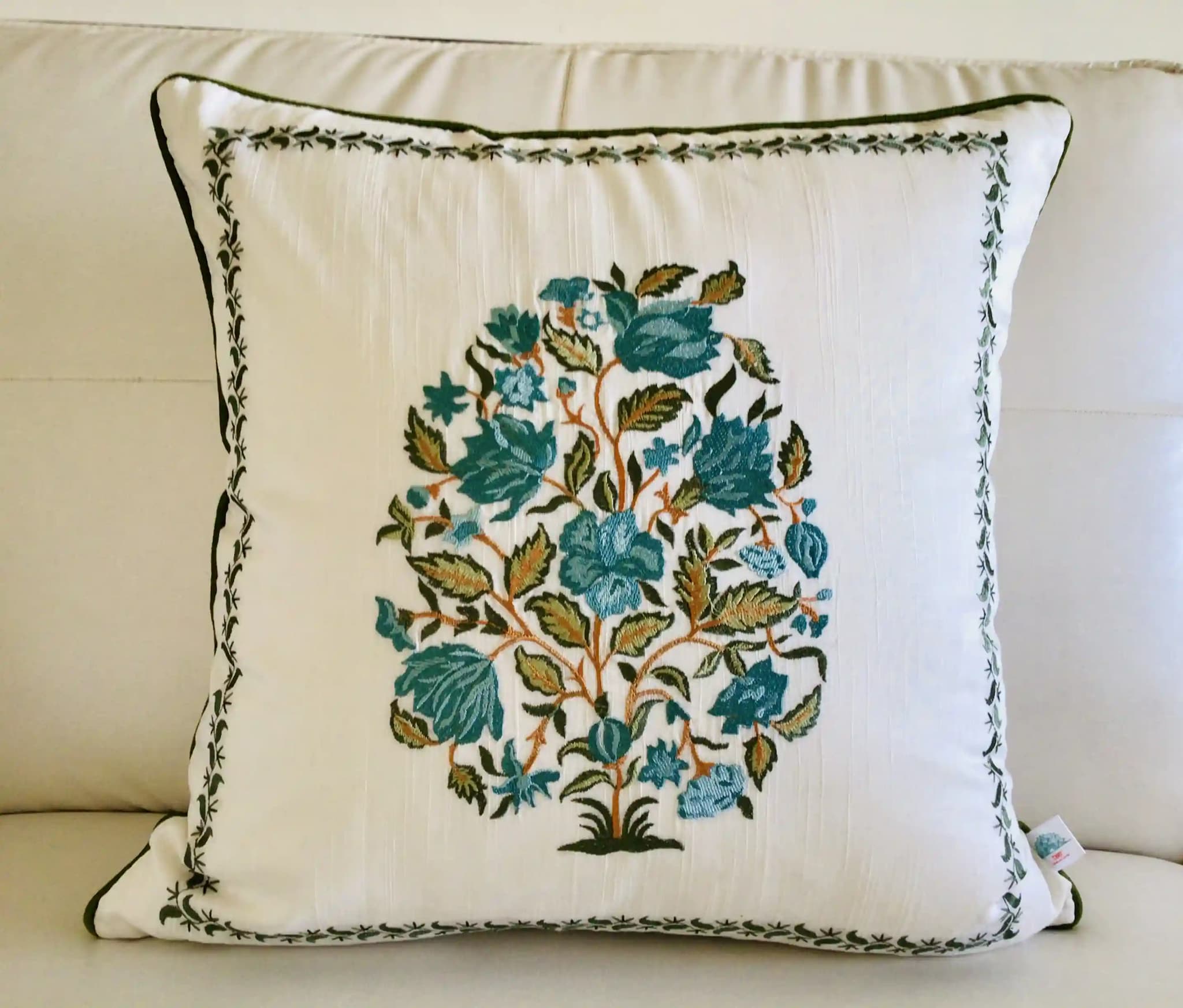 Wild Flower Fields- Embroidered Cotton Silk Cushion Cover- Pastel Blue & Green- Set of 2