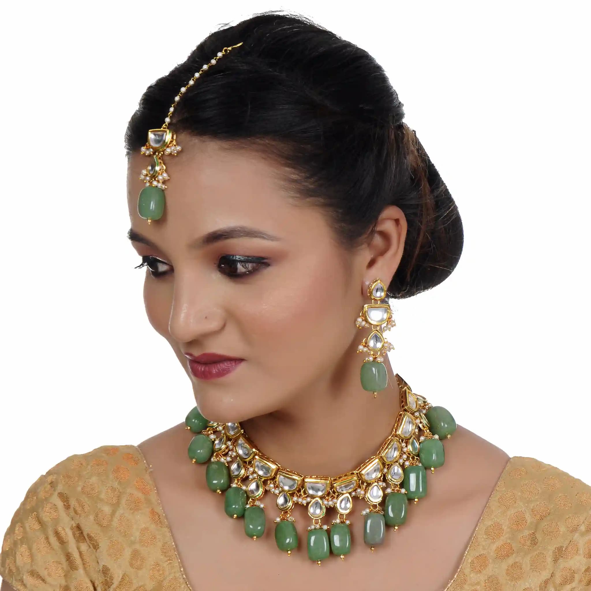 Gold Plated(18k) D-Shape Design Kundan Choker Necklace Set With Maang Tika - Green