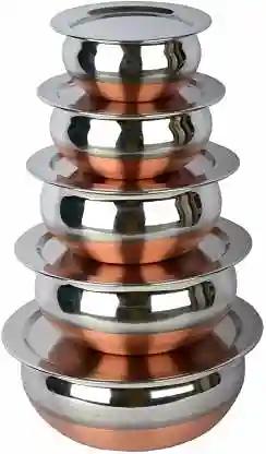 LIMETRO STEEL Set of 5 Copper Bottom Stainless Steel Handi Set/Cookware Set with Lid (Capacity : 0.5 LTR, 0.75 LTR, 1 LTR, 1.5 LTR, 2 LTR) Cookware Set (5 Pieces) (Steel)
