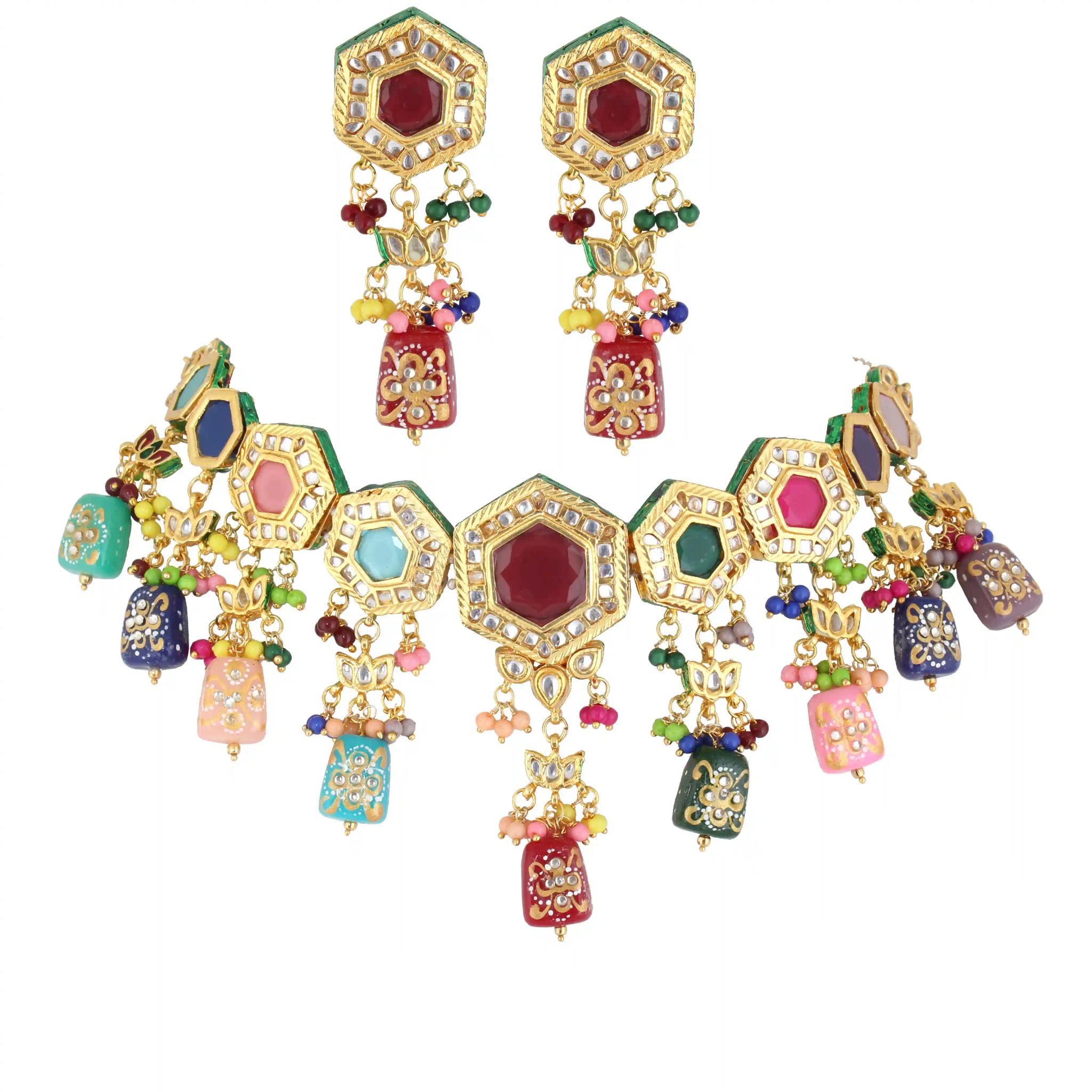 Gold Plated(18k) Hexagon Design Kundan Necklace & Earrings With Small Beads