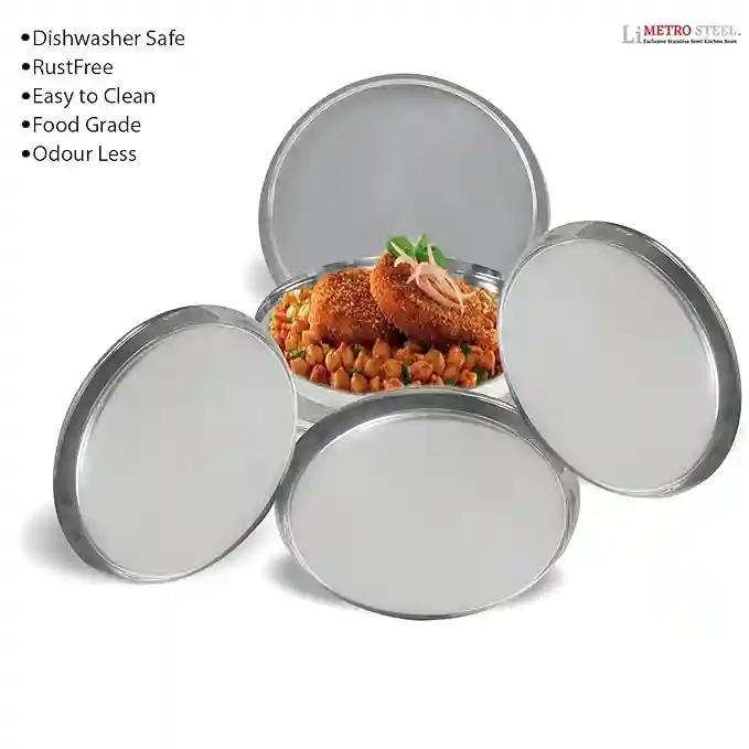 LiMETRO STEEL Stainless Steel Heavy Gauge Pack of 6 Steel Dinner Plates Set / Bhojan Thali / Lunch Plates / Dinner Set (6 Pieces, 28 cm Diameter.)