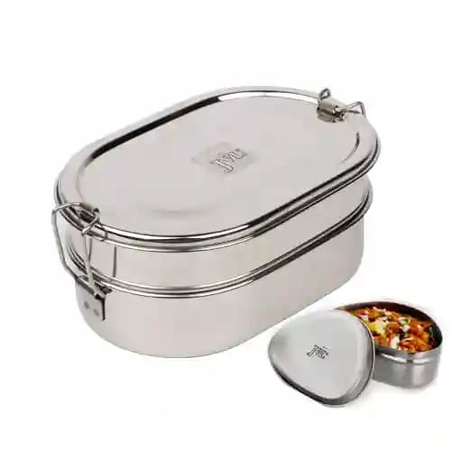 Jvl Stainless Steel Rectangular Shape Double Layer Lunch Box With Inner Plate & Small Oval Shape Lunch Box With Mini Container Not Leak Proof - Pack Of 2