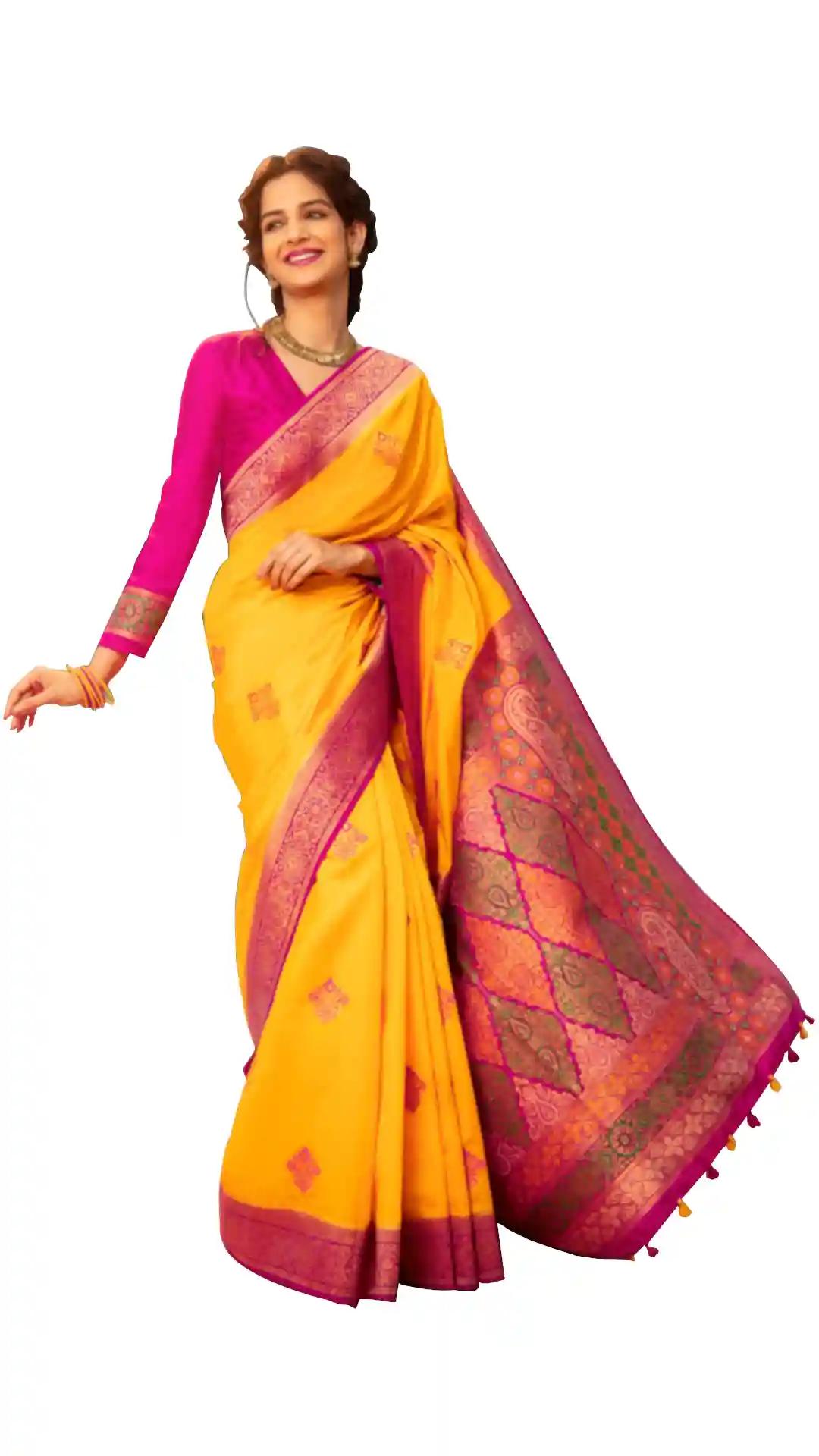 Aura Banarasi Silk Saree With Traditional Motifs - Mustard & Rani.