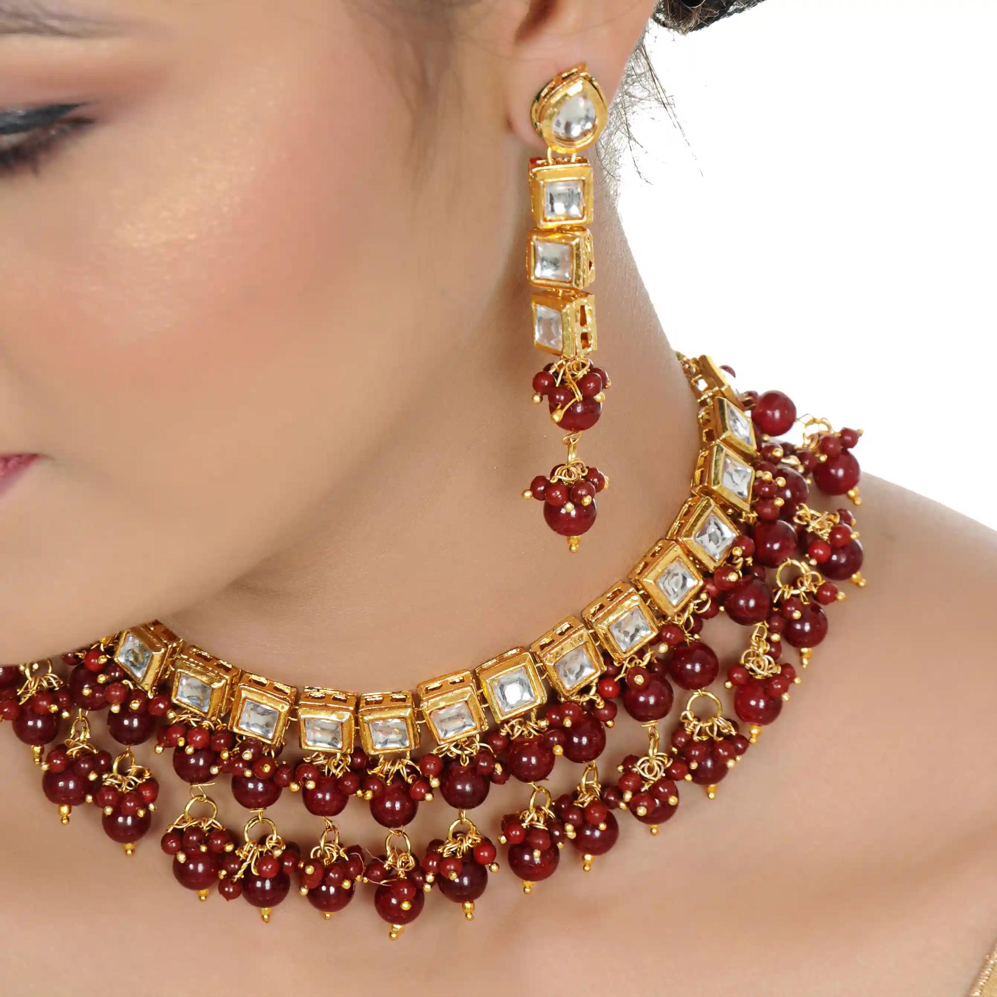 Gold Plated(18k) Square Shape Stone Design Jewellery Set & Maang Tika With Beads - Maroon