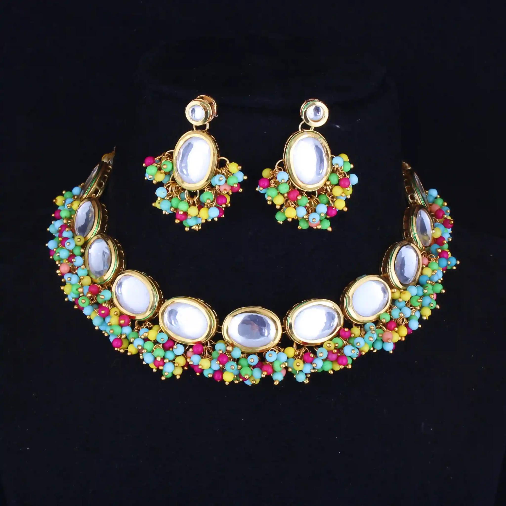 Gold Plated(18k) Kundan Stone With Beads Necklace Set