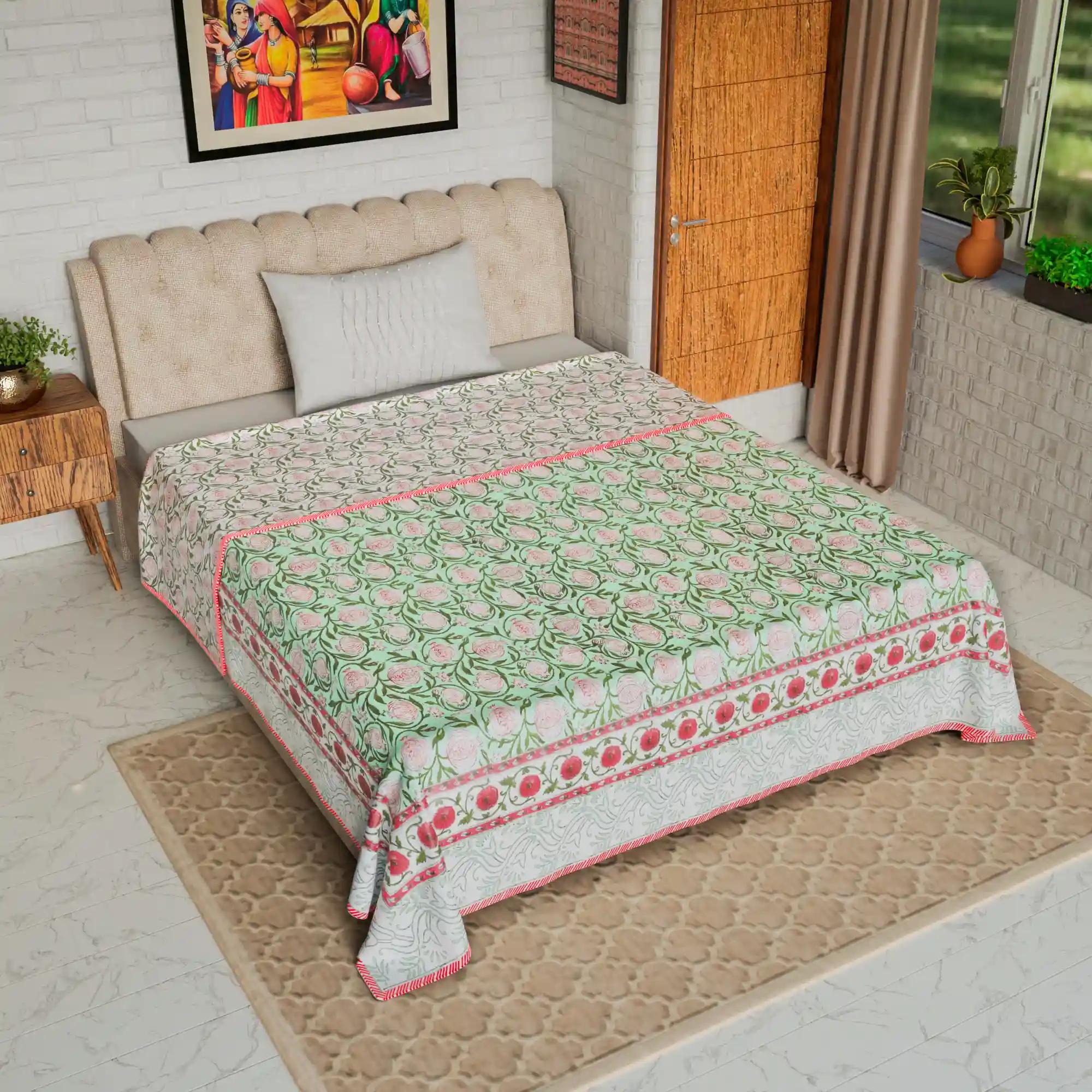 Jaipur Dohar Hand Block Printed Single Bed Cotton Dohar - Red Green Anar