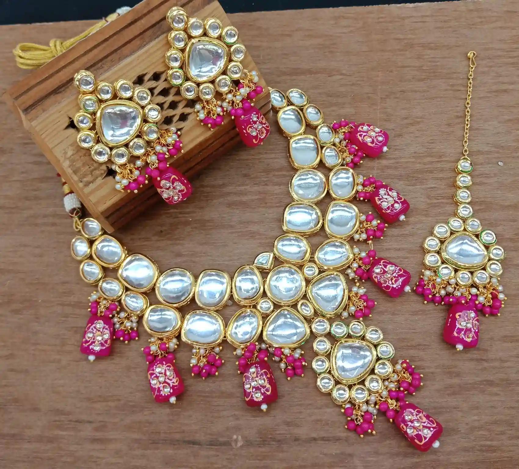 Jaipuri Handmade Drops With Heavy Polki Kundan Necklace Set